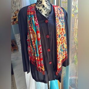 Carole Little Boho Black Button Front Blouse-Colorful Beaded Trim –Artsy Ethnic